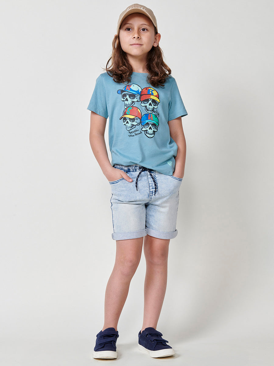 Camiseta Niño Manga Corta Calaveras Relieve – Koroshi Verde