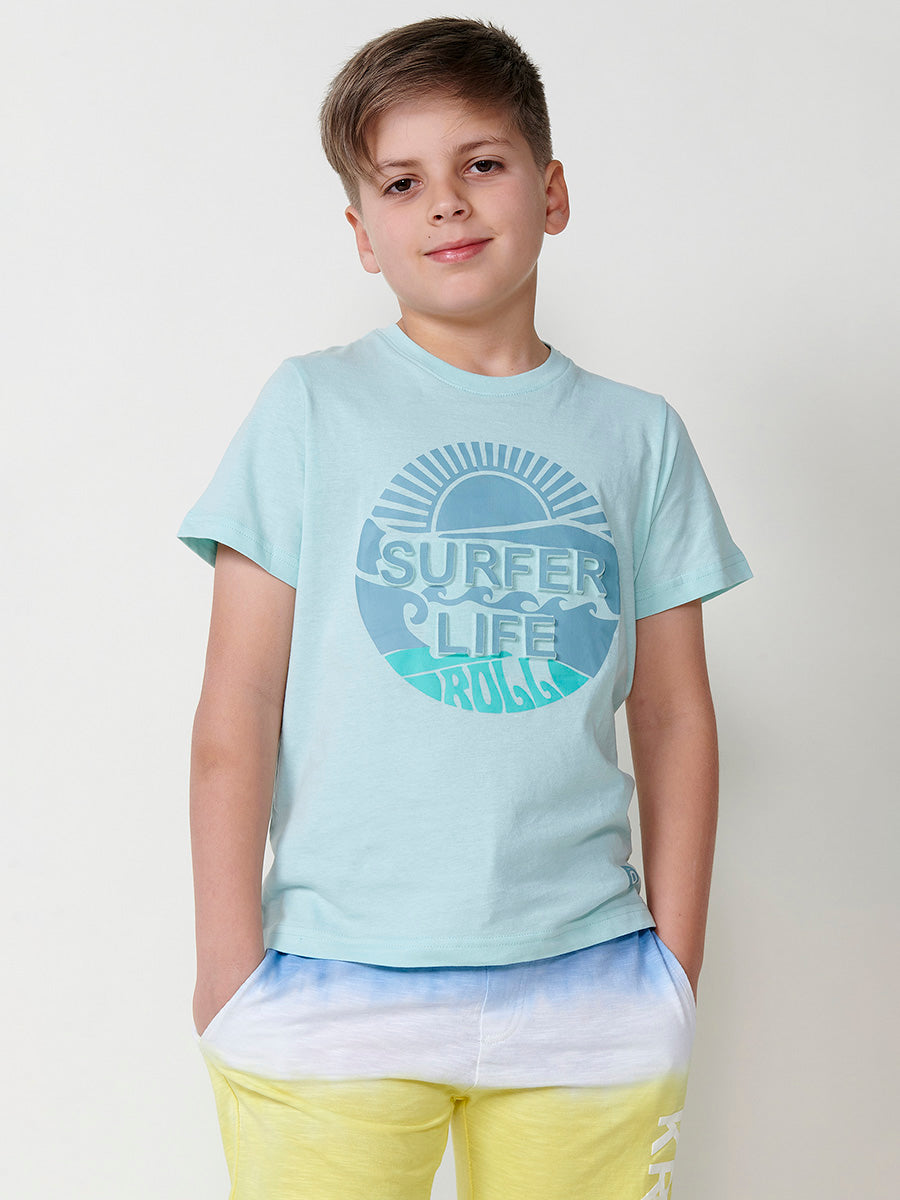 Camiseta Niño Manga Corta Letras Relieve – Koroshi Verde Agua