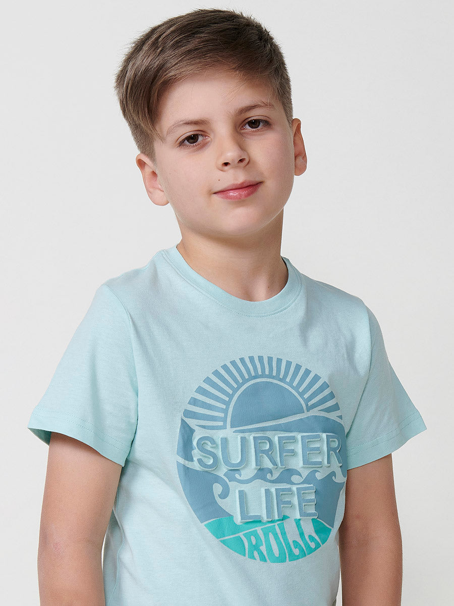 Camiseta Niño Manga Corta Letras Relieve – Koroshi Verde Agua