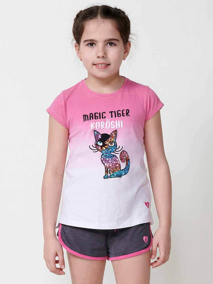 Top Niña Manga Corta Degradado Gato Lentejuelas – Koroshi Fucsia