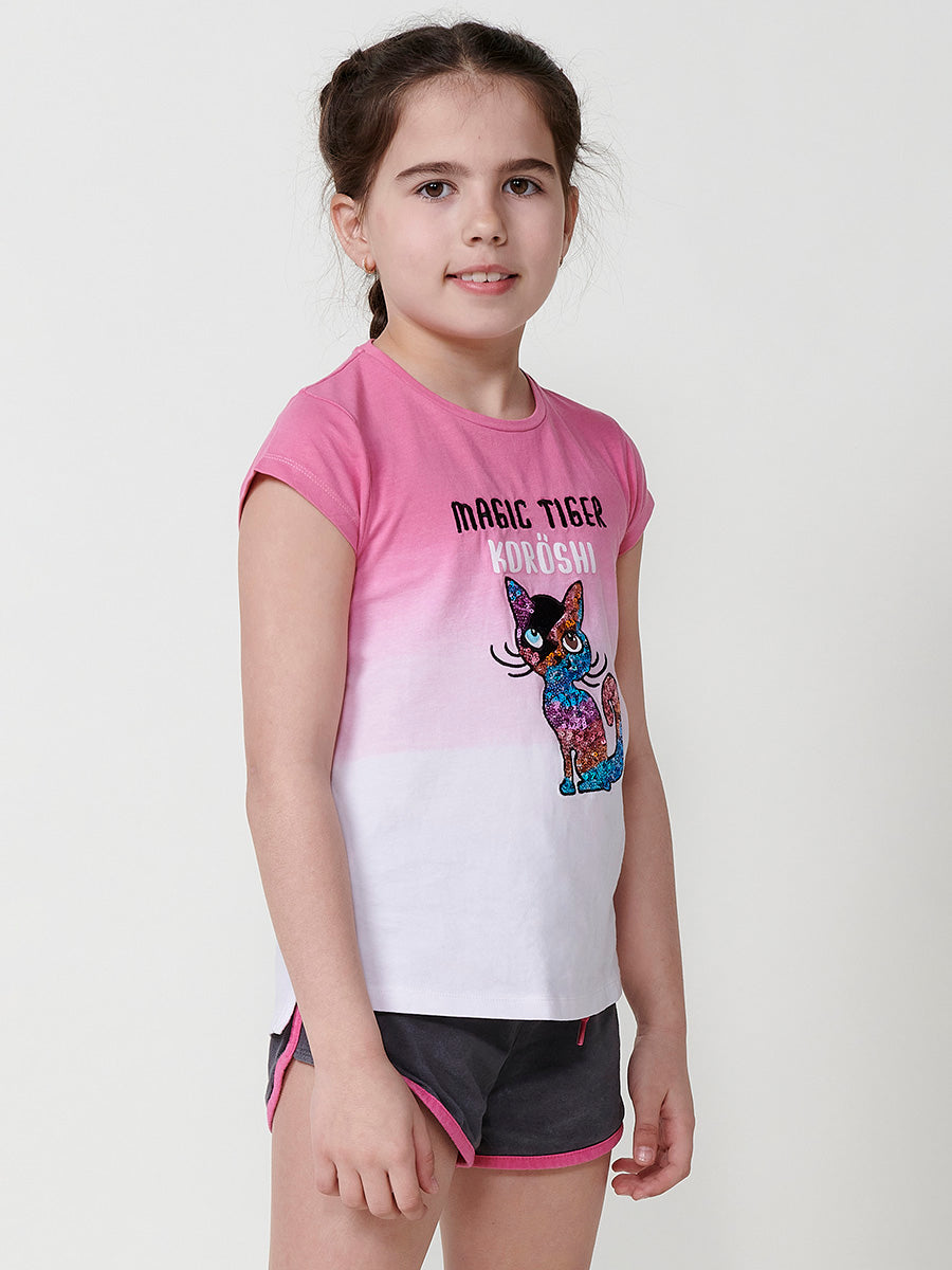 Top Niña Manga Corta Degradado Gato Lentejuelas – Koroshi Fucsia