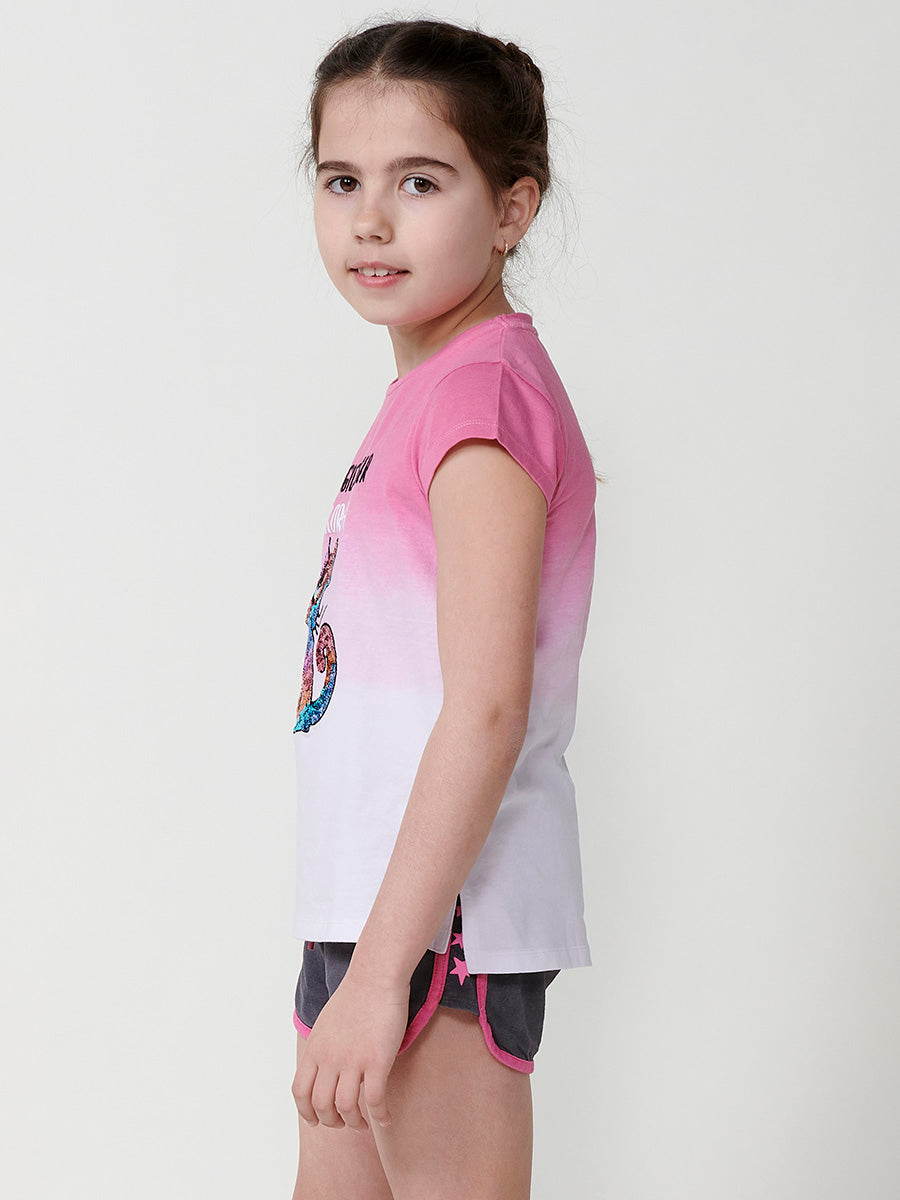 Top Niña Manga Corta Degradado Gato Lentejuelas – Koroshi Fucsia