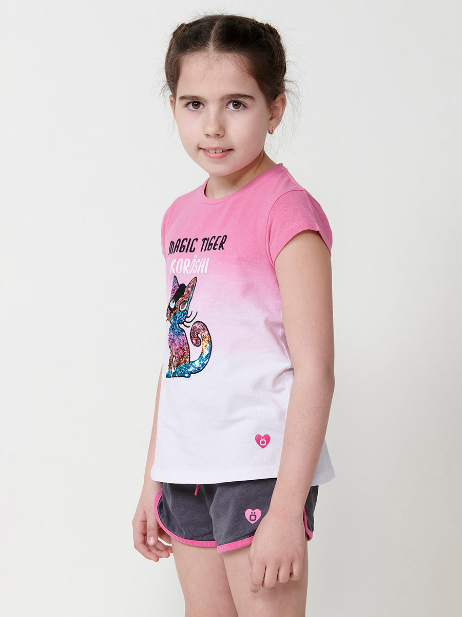 Top Niña Manga Corta Degradado Gato Lentejuelas – Koroshi Fucsia