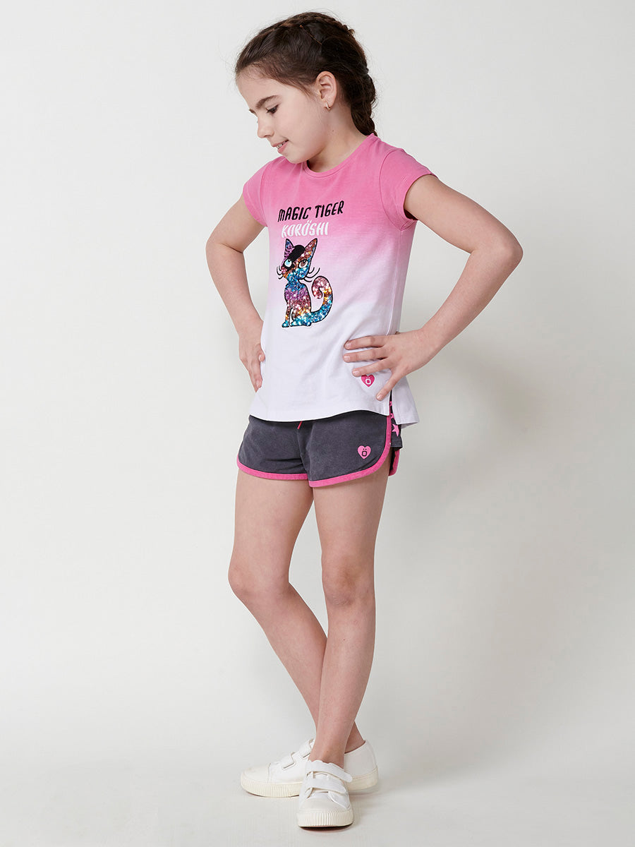 Top Niña Manga Corta Degradado Gato Lentejuelas – Koroshi Fucsia