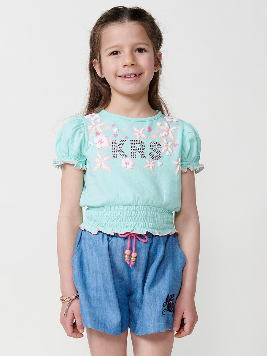 Top Niña Manga Abombada Flores Relieve – Koroshi Menta