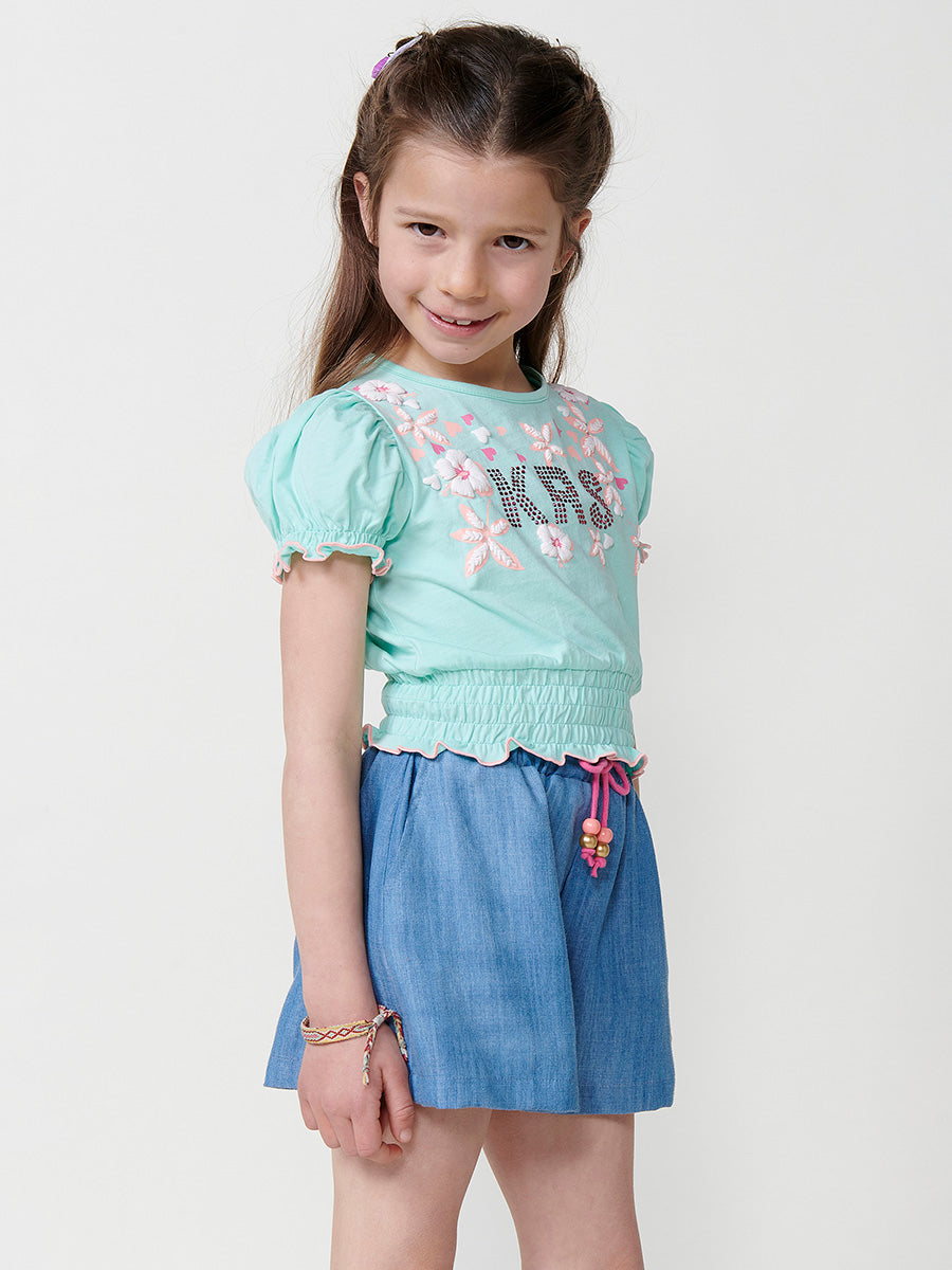 Top Niña Manga Abombada Flores Relieve – Koroshi Menta