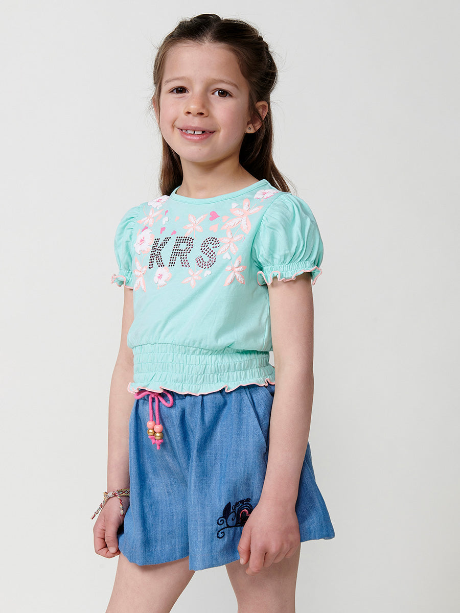 Top Niña Manga Abombada Flores Relieve – Koroshi Menta