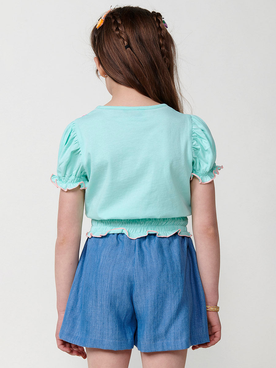 Top Niña Manga Abombada Flores Relieve – Koroshi Menta