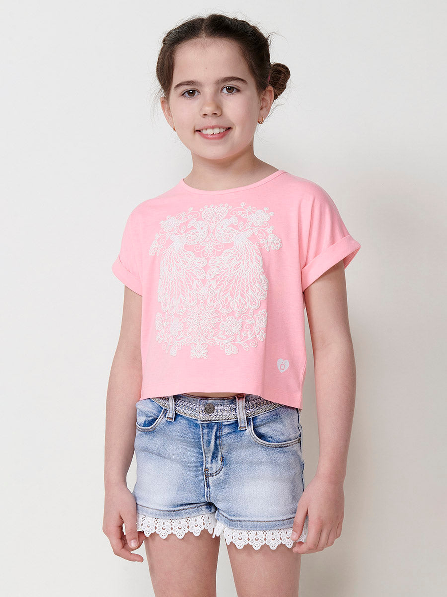 Top Niña Manga Corta Estampado en Relieve – Koroshi Rosa