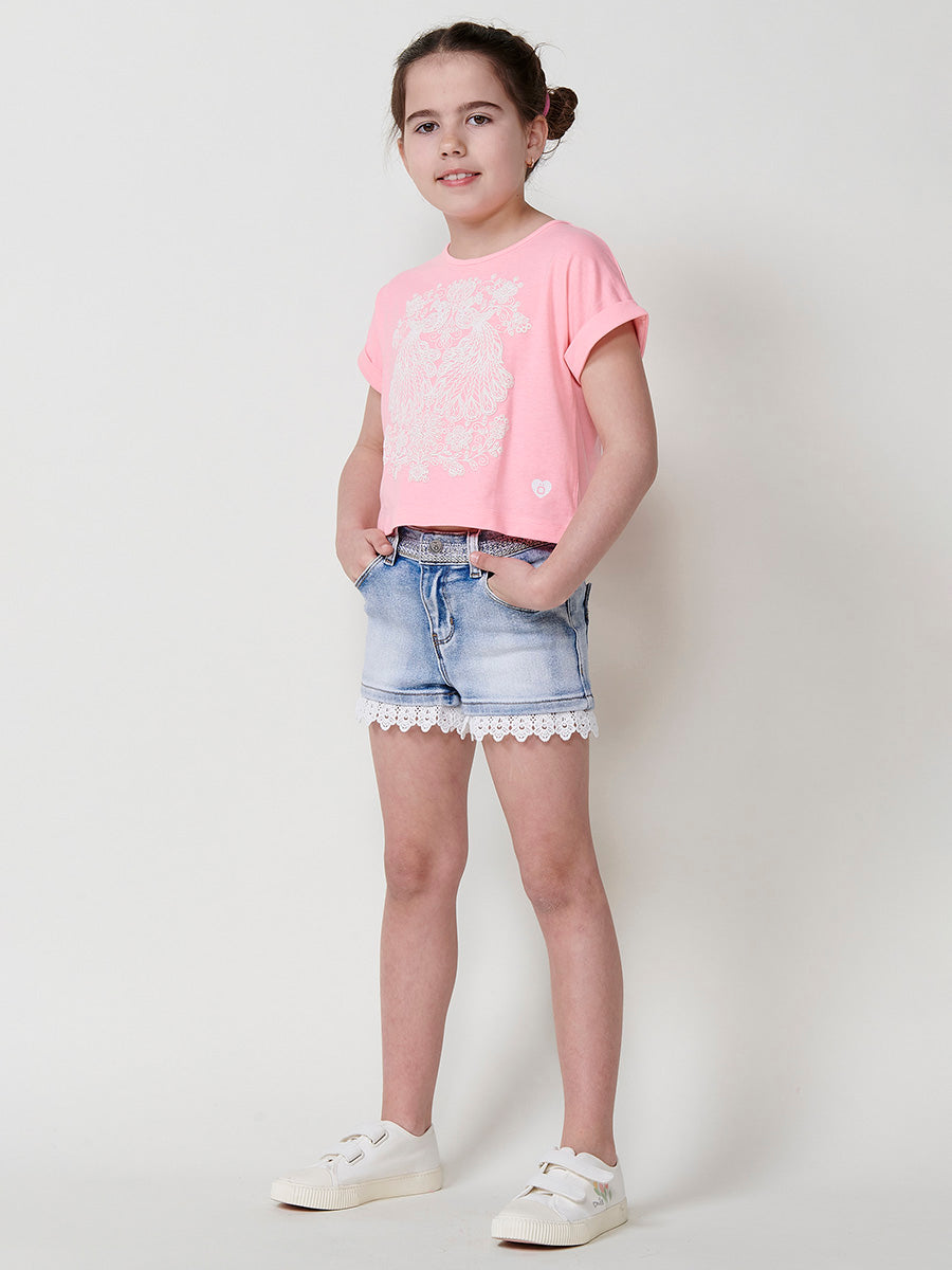 Top Niña Manga Corta Estampado en Relieve – Koroshi Rosa