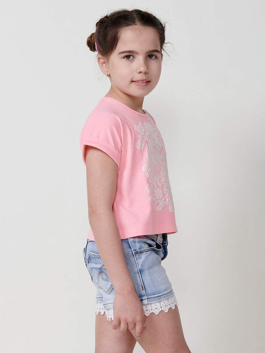 Top Niña Manga Corta Estampado en Relieve – Koroshi Rosa