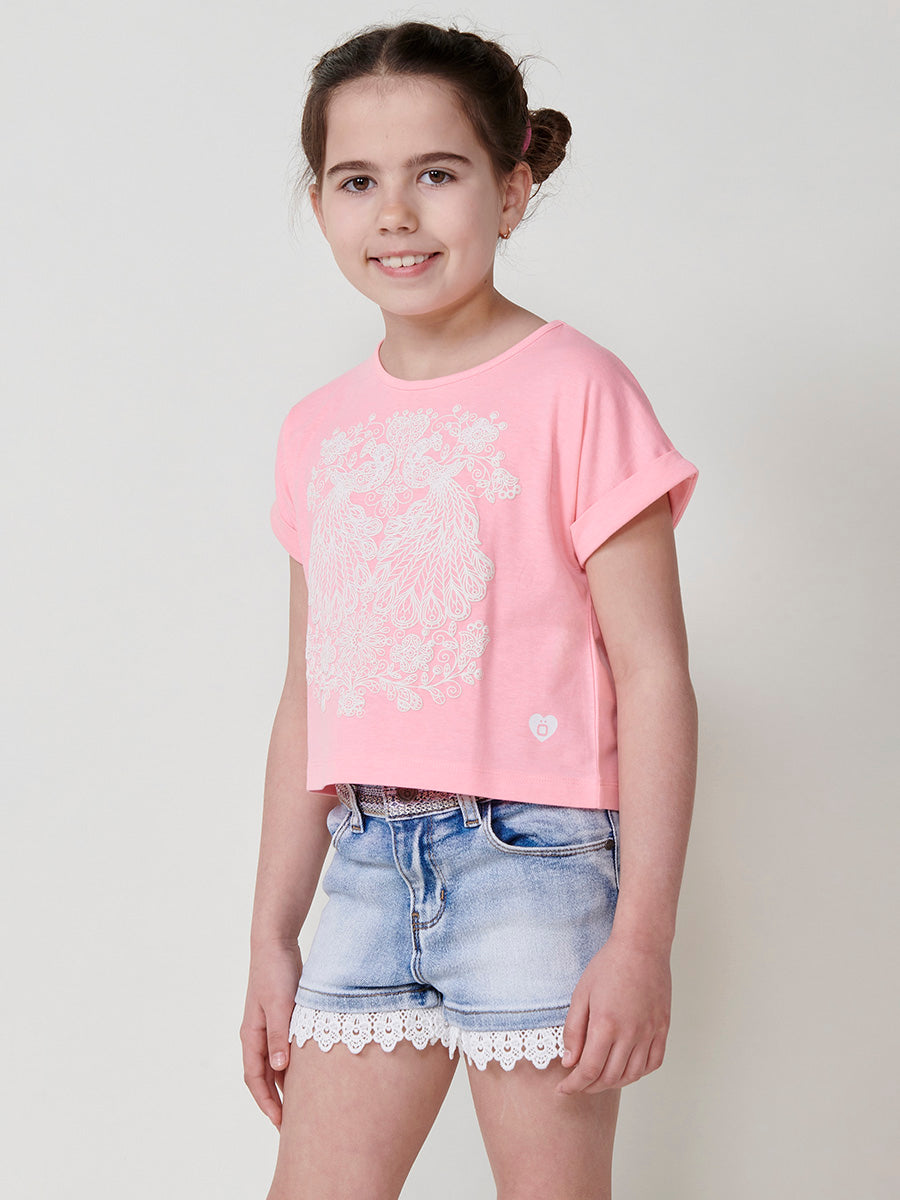 Top Niña Manga Corta Estampado en Relieve – Koroshi Rosa