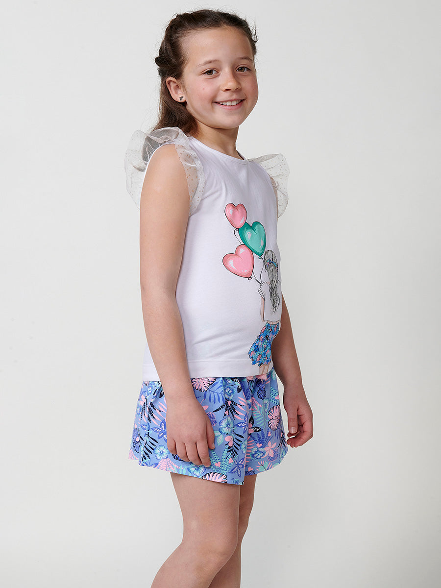 Top Niña Manga Volante Tul Estampado Globos – Koroshi Blanco