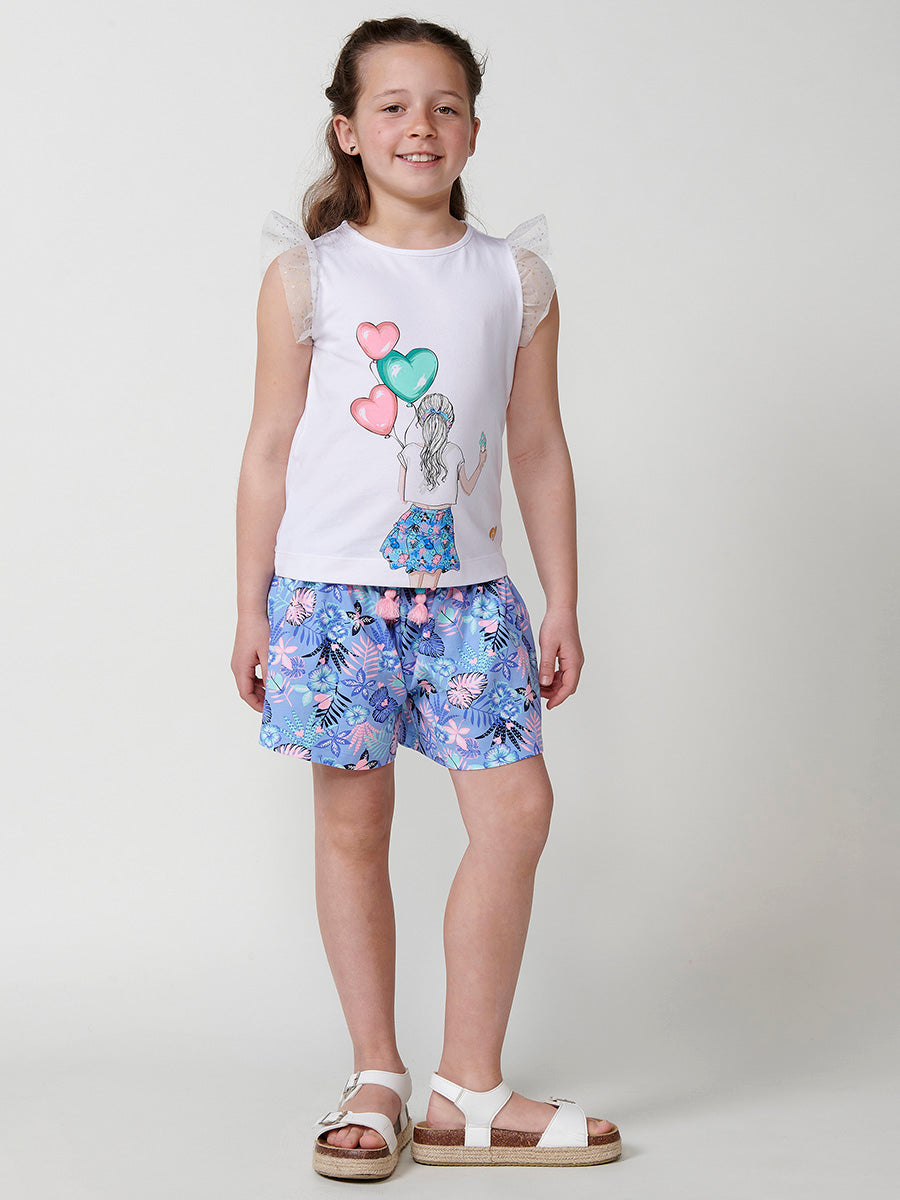 Top Niña Manga Volante Tul Estampado Globos – Koroshi Blanco