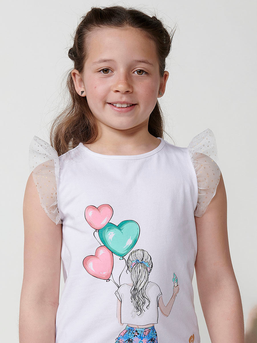 Top Niña Manga Volante Tul Estampado Globos – Koroshi Blanco