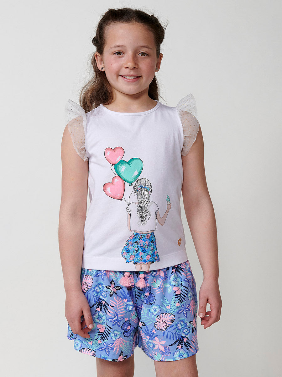 Top Niña Manga Volante Tul Estampado Globos – Koroshi Blanco