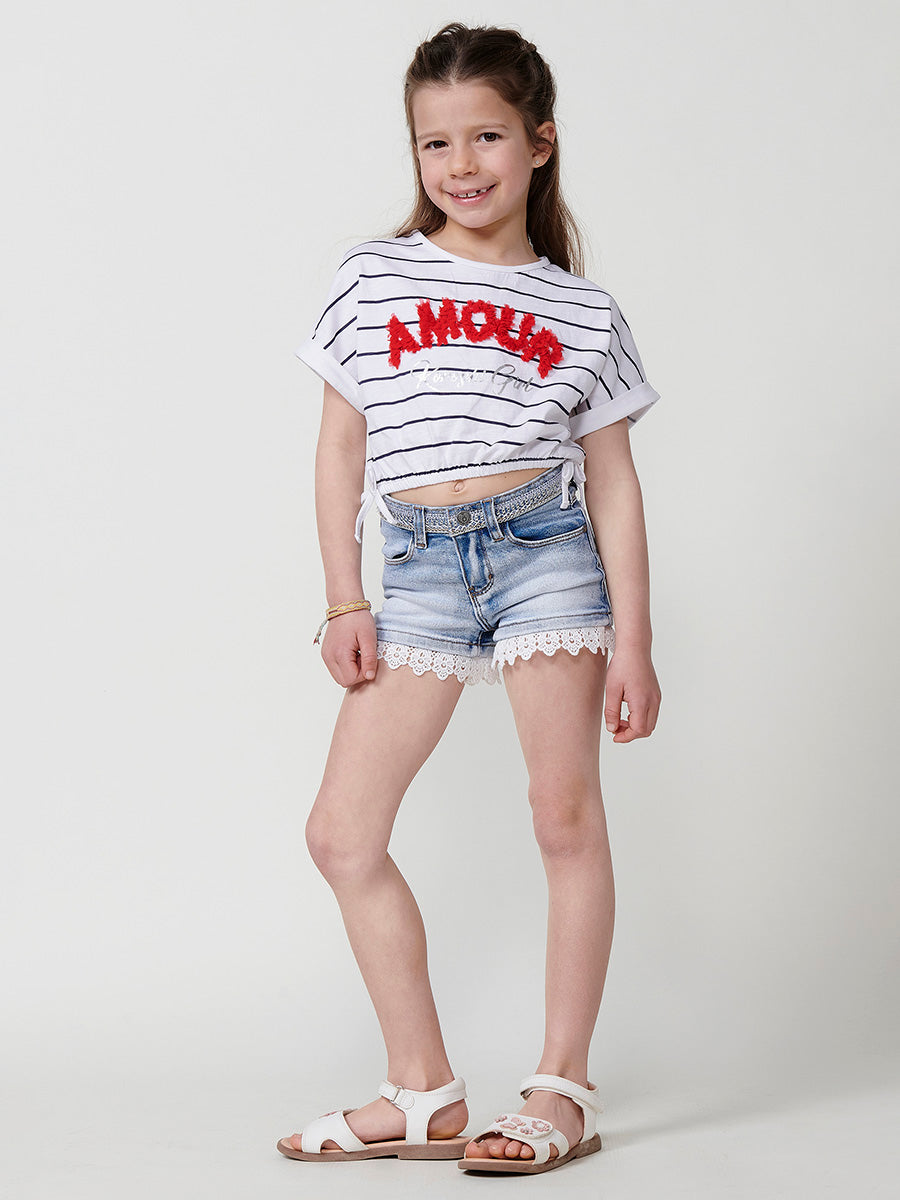 Top Niña Manga Corta Rayas Bordado Amour – Koroshi Blanco