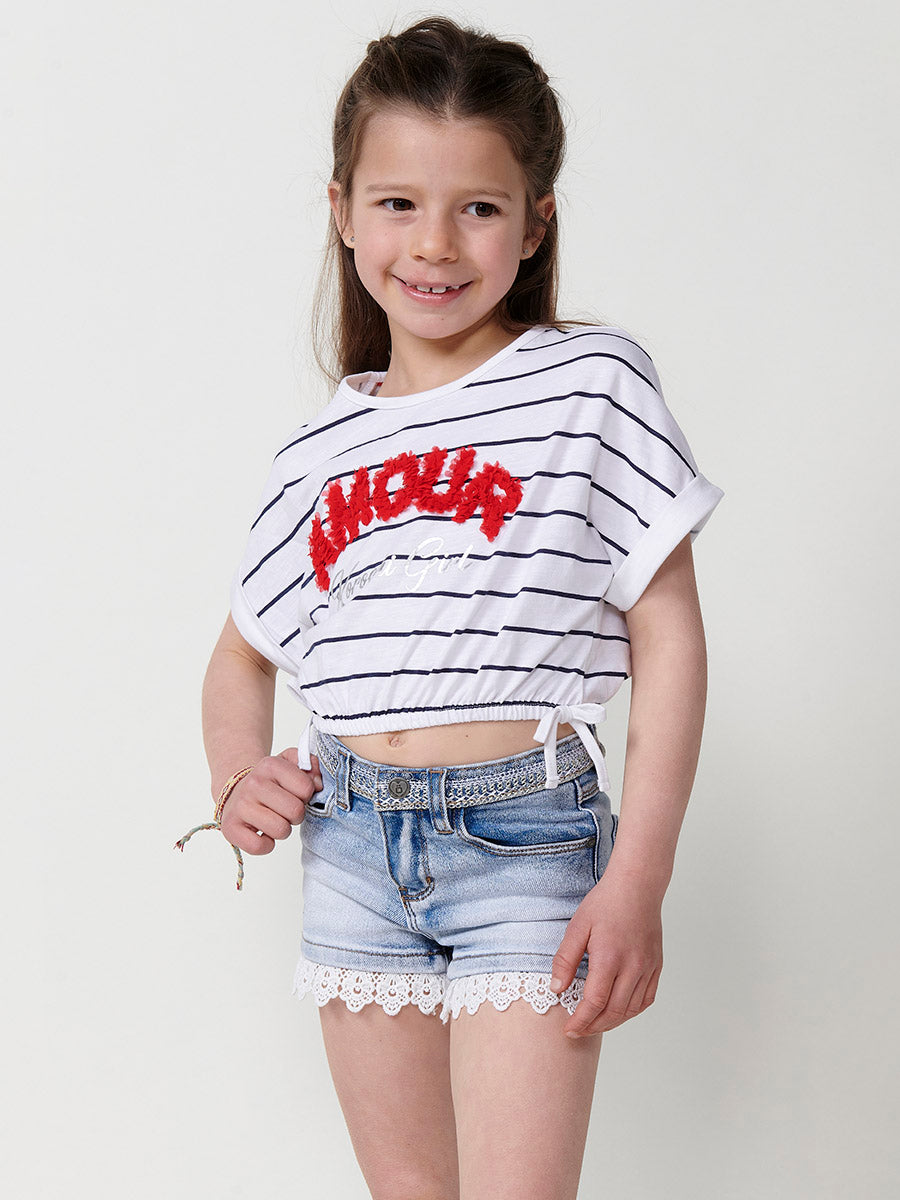 Top Niña Manga Corta Rayas Bordado Amour – Koroshi Blanco