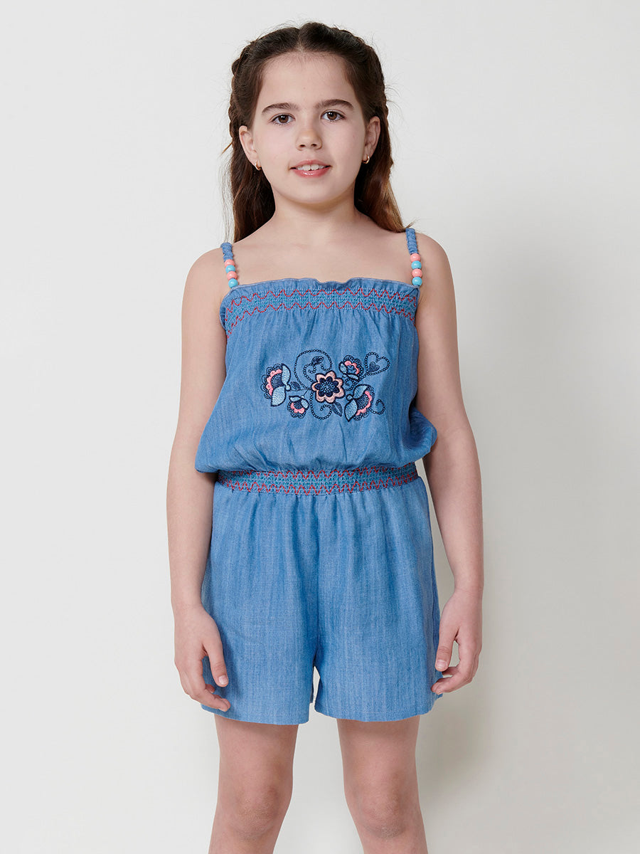 Mono Corto Niña Efecto Denim Bordado Floral – Koroshi Azul