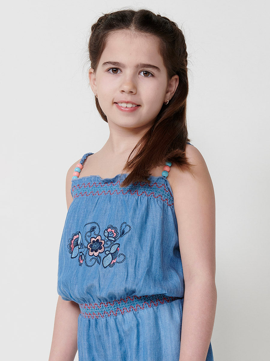 Mono Corto Niña Efecto Denim Bordado Floral – Koroshi Azul