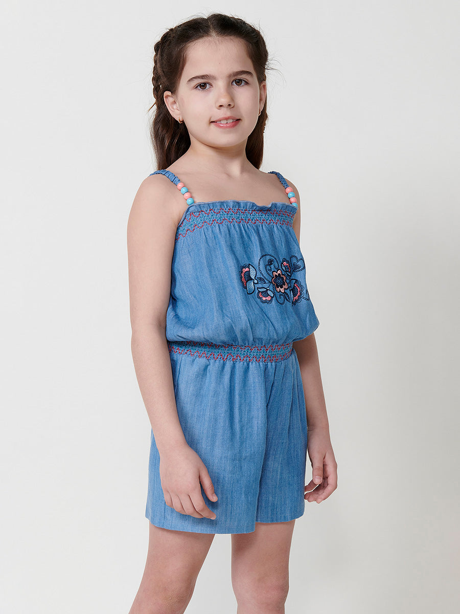 Mono Corto Niña Efecto Denim Bordado Floral – Koroshi Azul