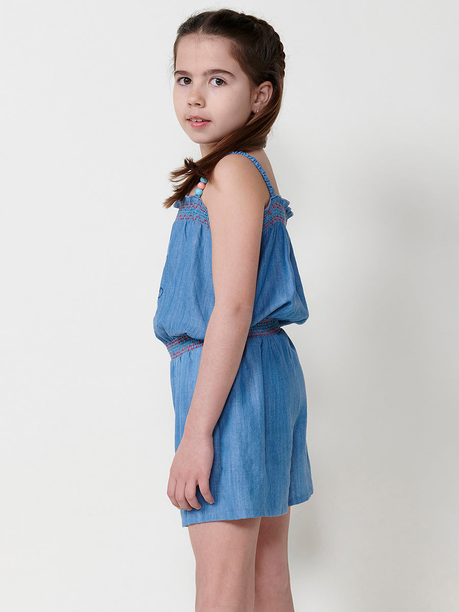Mono Corto Niña Efecto Denim Bordado Floral – Koroshi Azul