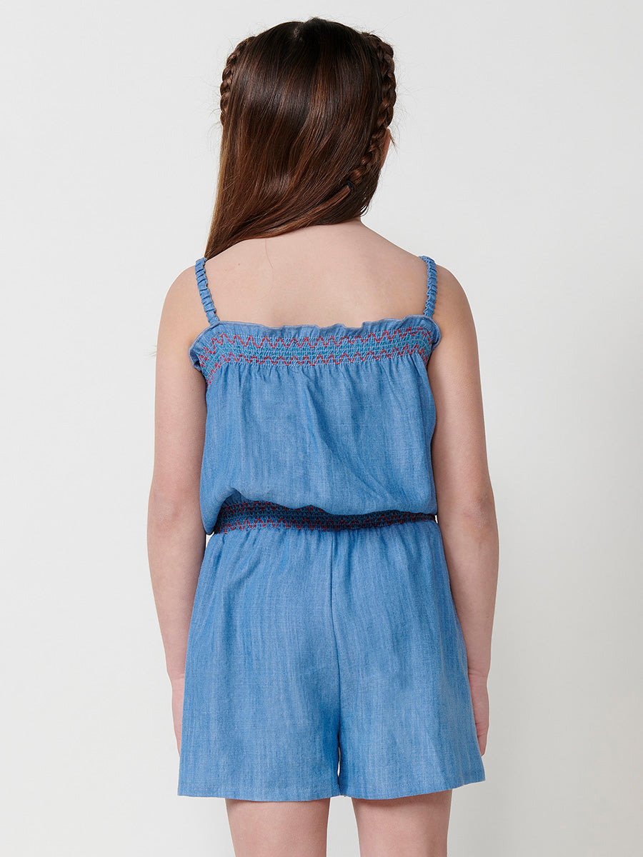 Mono Corto Niña Efecto Denim Bordado Floral – Koroshi Azul