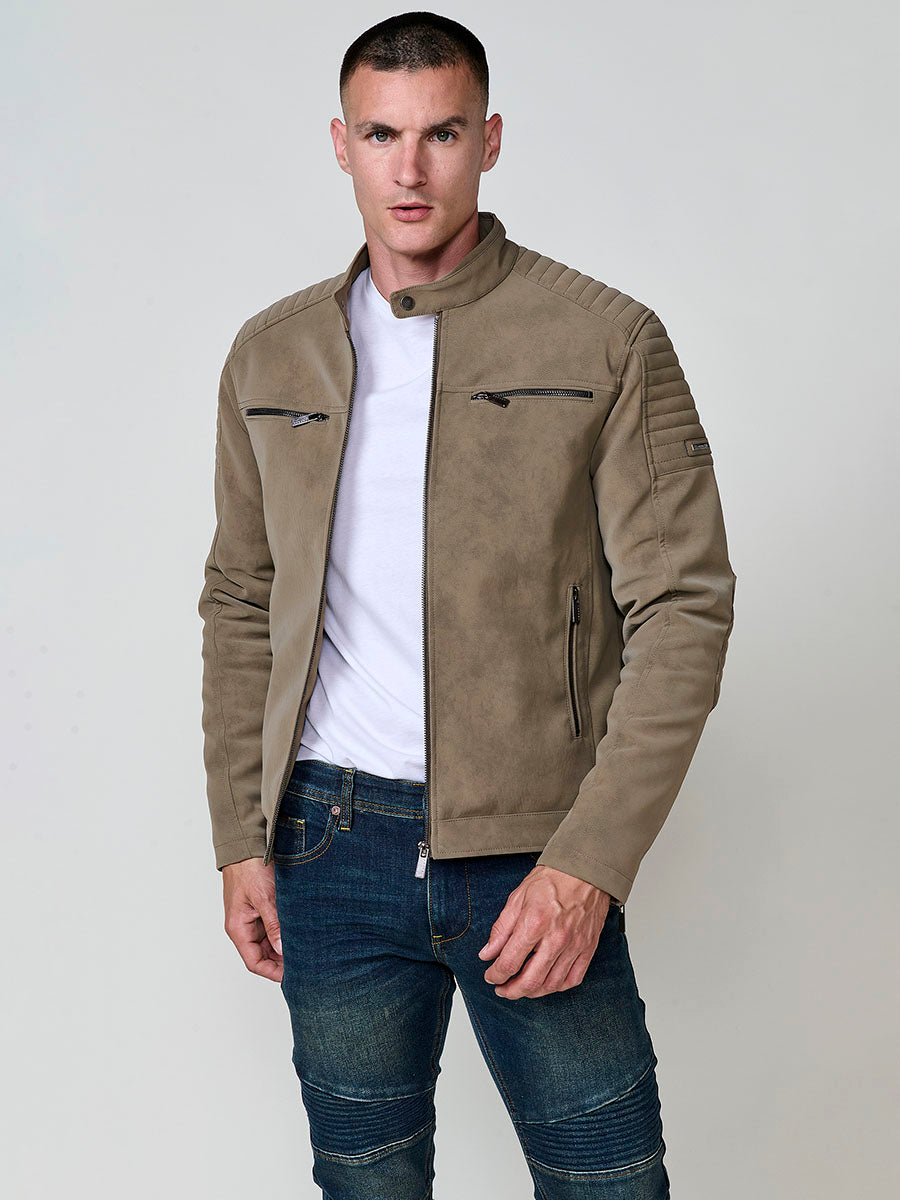 Chaqueta Biker Hombre Efecto Ante Kaki Cuello Mao – Koroshi