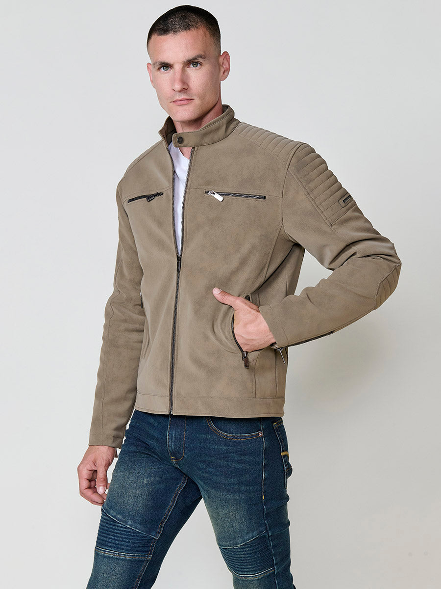 Chaqueta Biker Hombre Efecto Ante Kaki Cuello Mao – Koroshi
