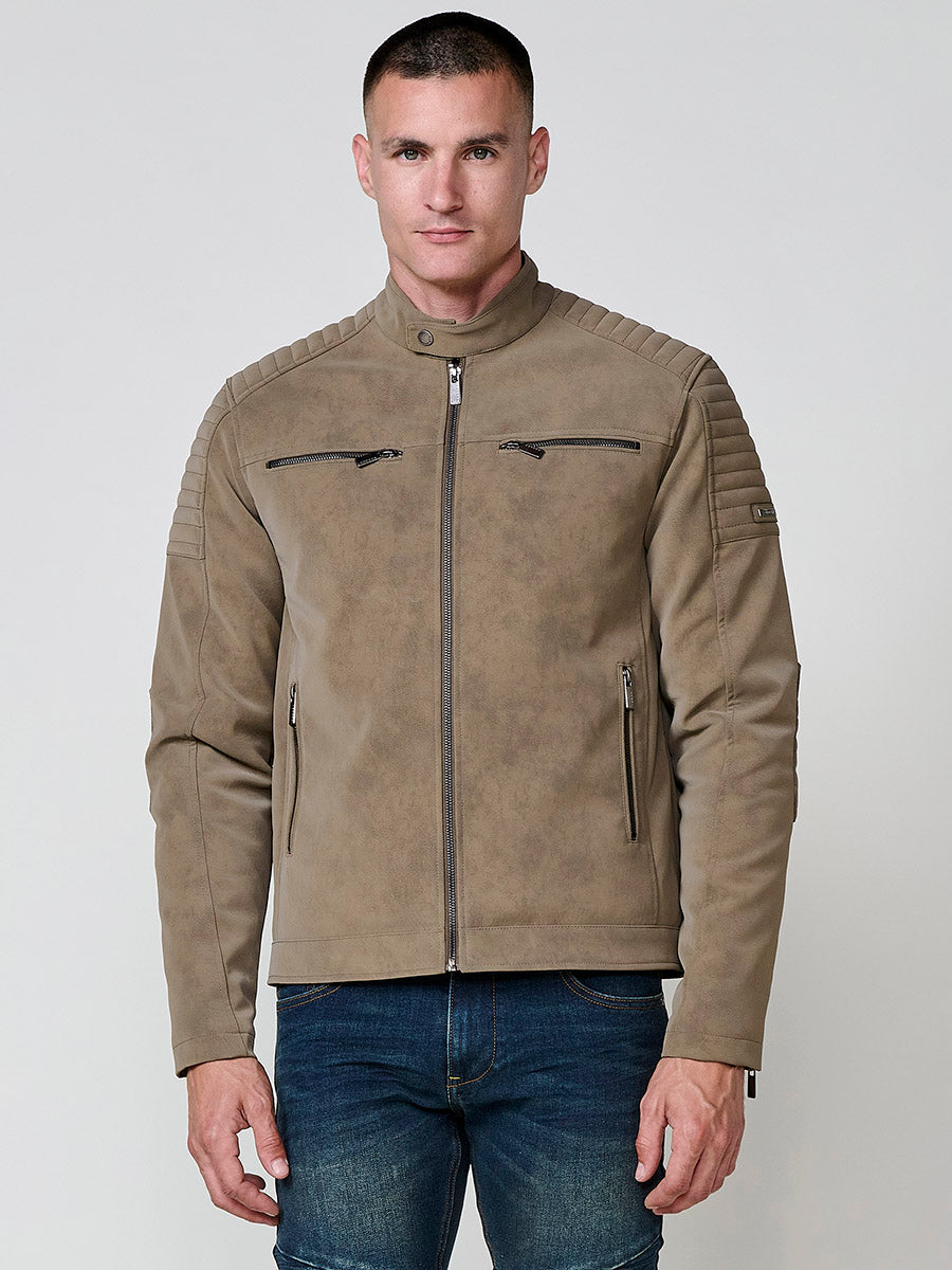 Chaqueta Biker Hombre Efecto Ante Kaki Cuello Mao – Koroshi