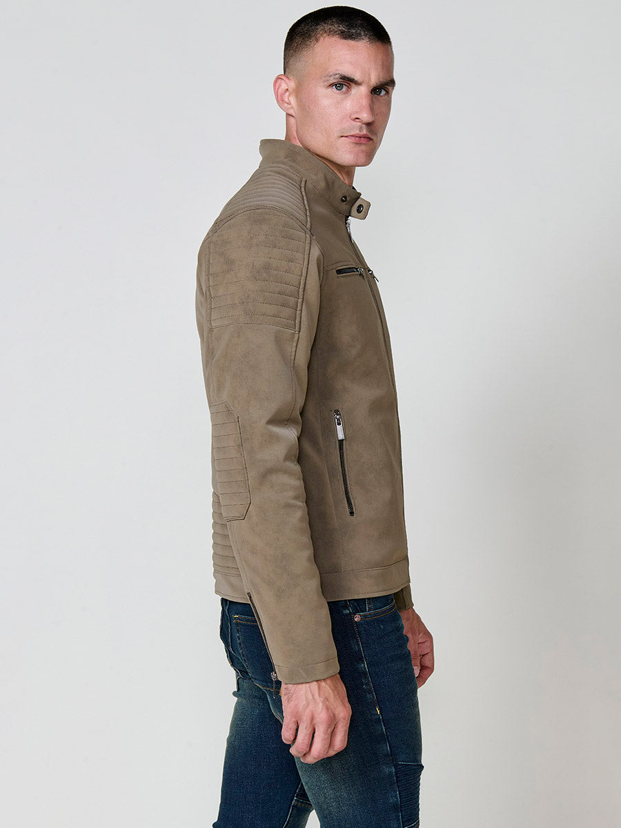 Chaqueta Biker Hombre Efecto Ante Kaki Cuello Mao – Koroshi