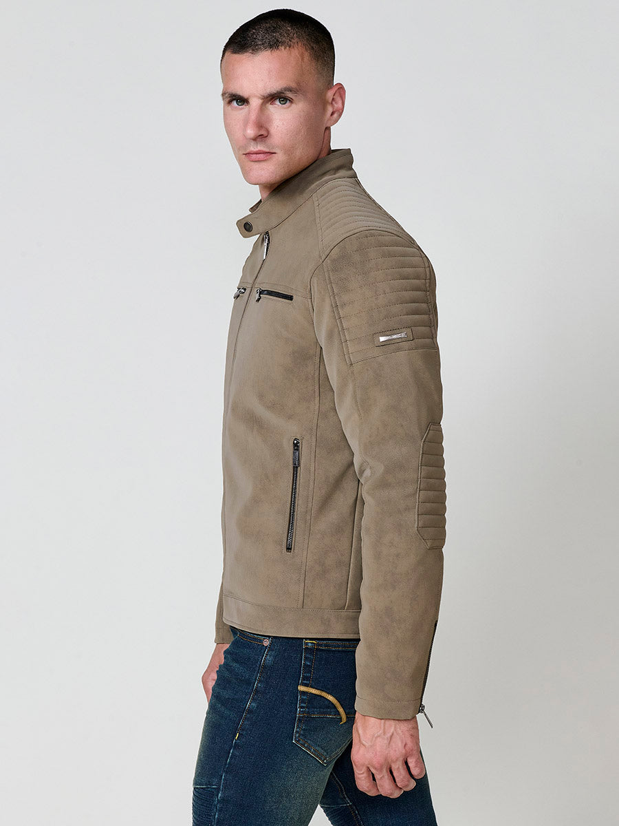 Chaqueta Biker Hombre Efecto Ante Kaki Cuello Mao – Koroshi