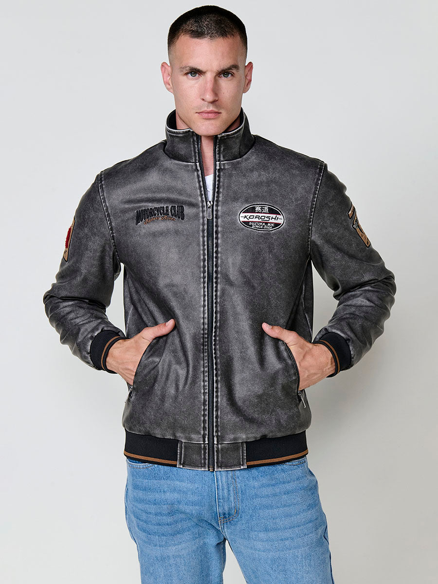Chaqueta Efecto Piel Hombre Cuello Alto con Parches – Koroshi Gris