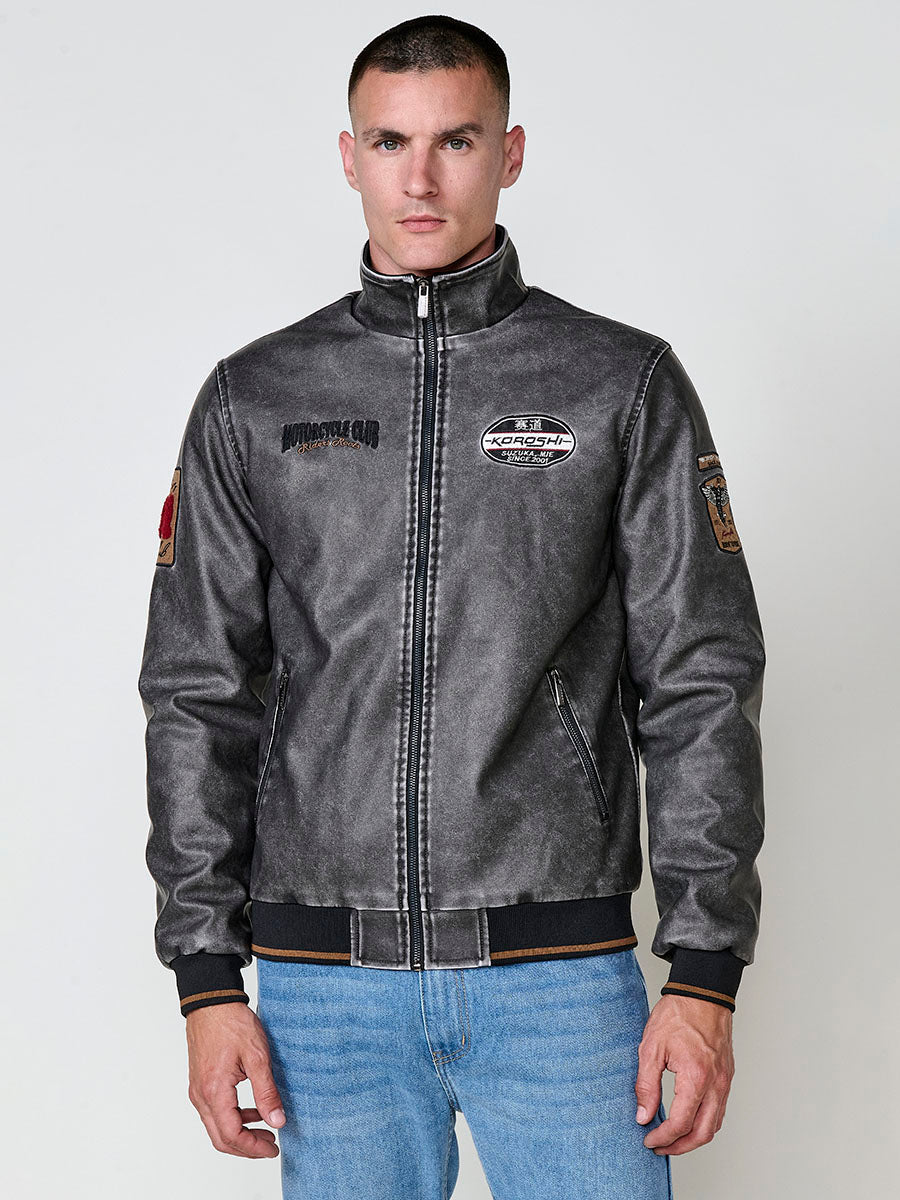 Chaqueta Efecto Piel Hombre Cuello Alto con Parches – Koroshi Gris