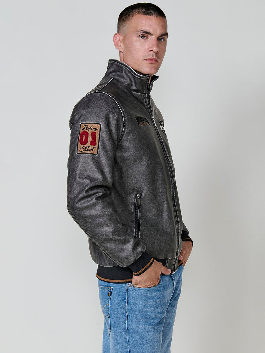 Chaqueta Efecto Piel Hombre Cuello Alto con Parches – Koroshi Gris