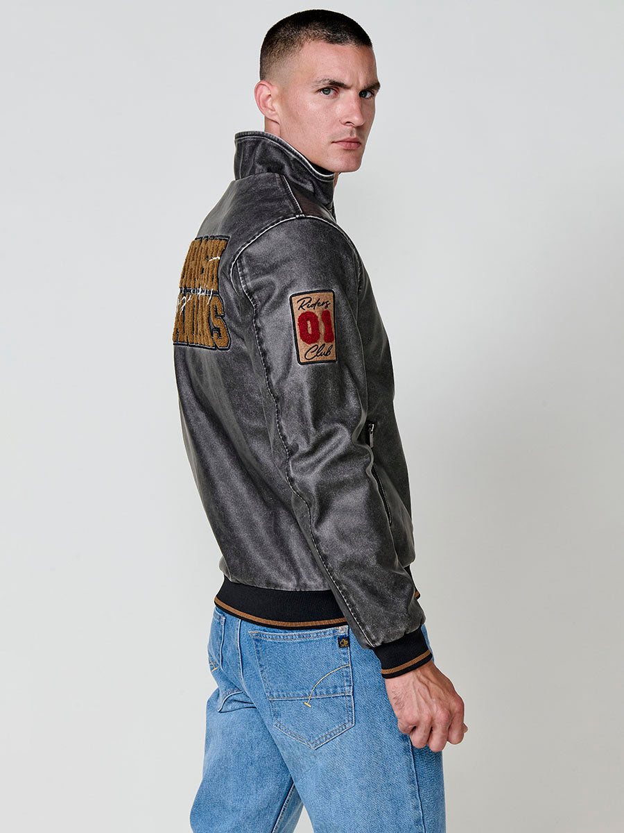 Chaqueta Efecto Piel Hombre Cuello Alto con Parches – Koroshi Gris