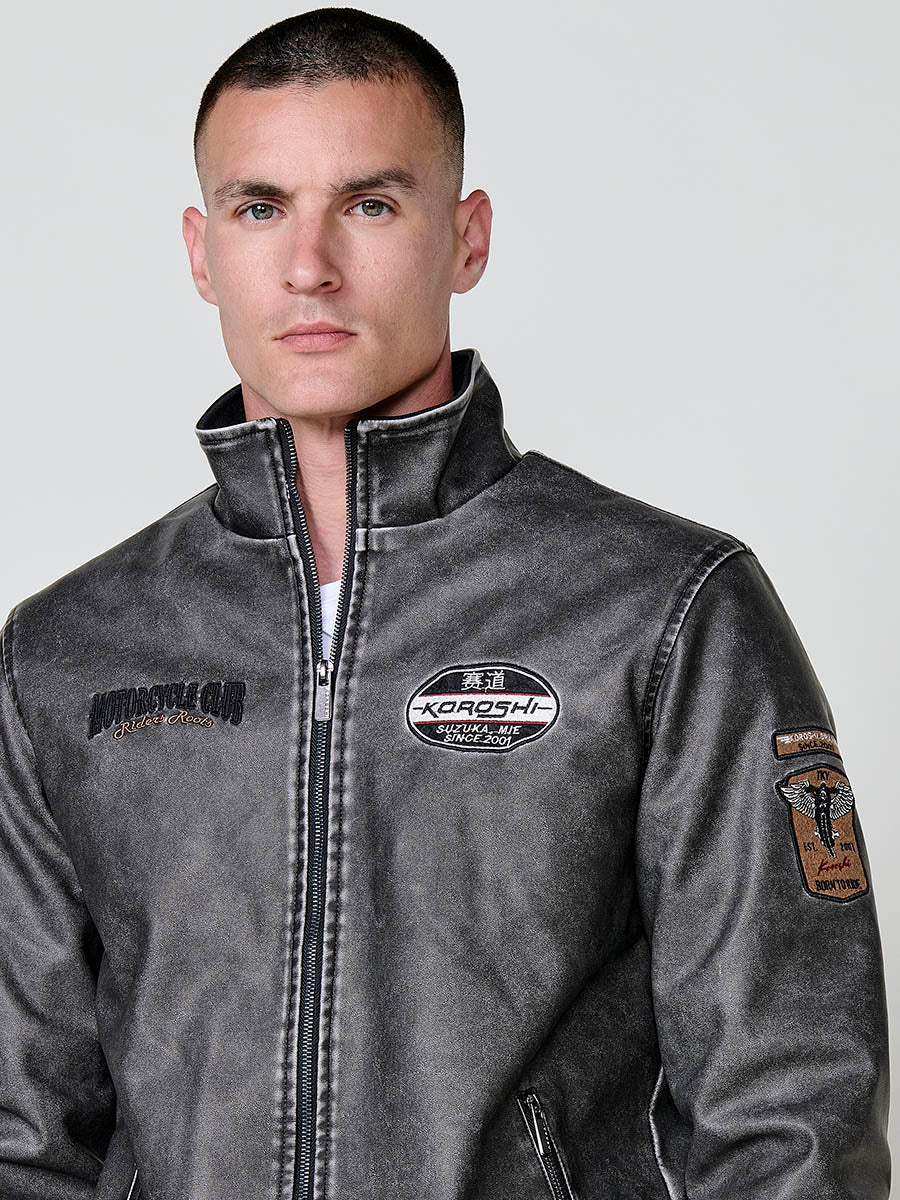 Chaqueta Efecto Piel Hombre Cuello Alto con Parches – Koroshi Gris