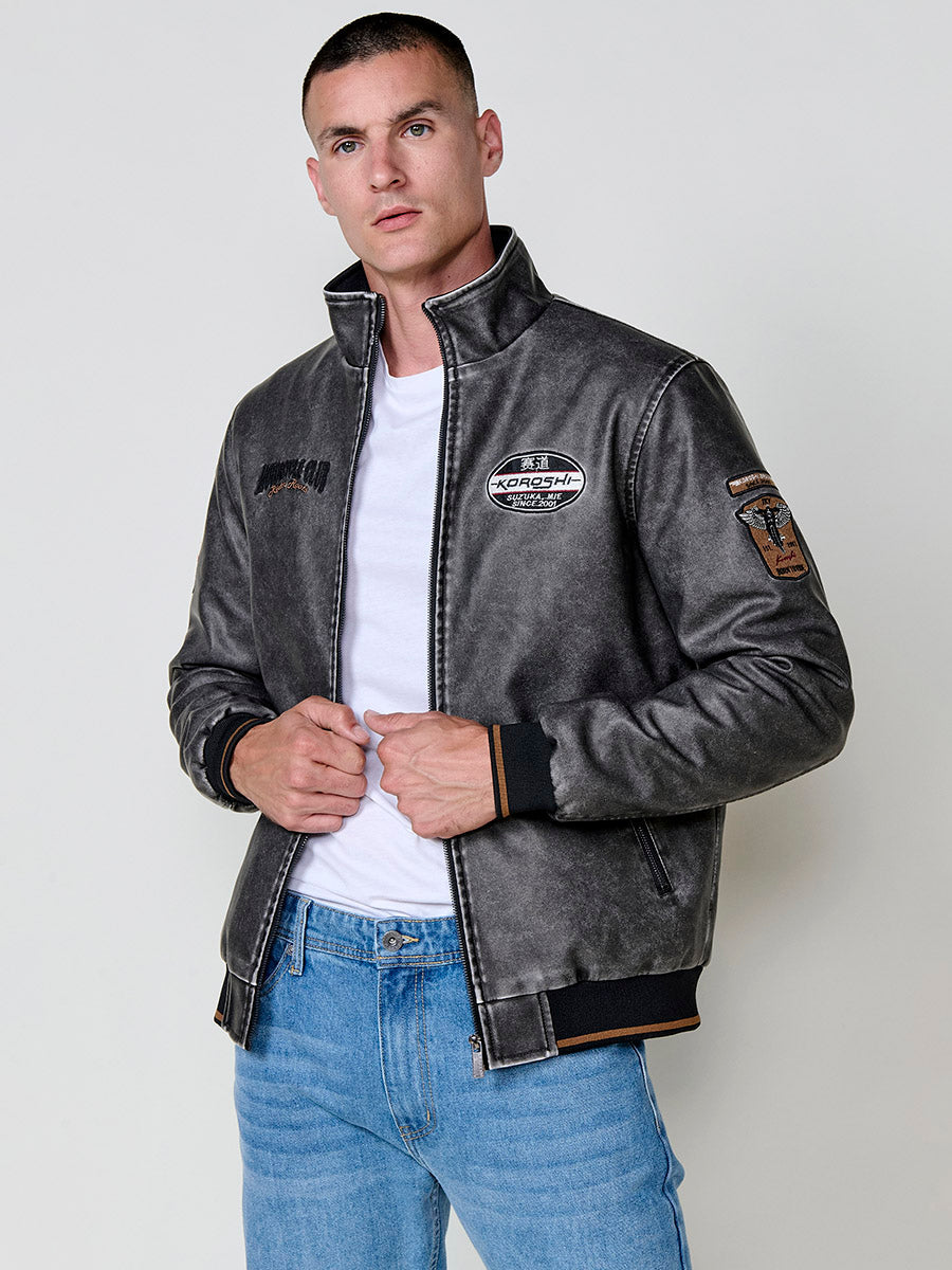 Chaqueta Efecto Piel Hombre Cuello Alto con Parches – Koroshi Gris