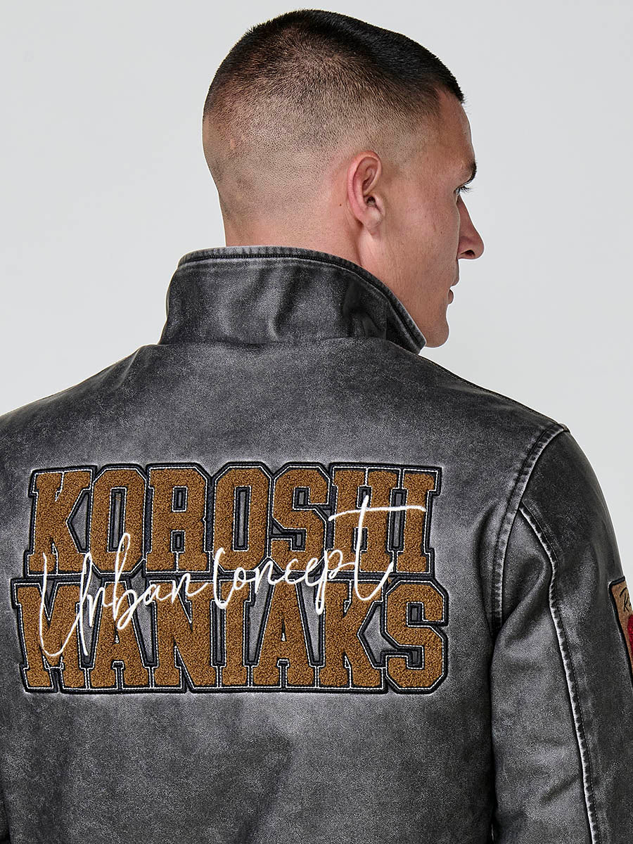 Chaqueta Efecto Piel Hombre Cuello Alto con Parches – Koroshi Gris