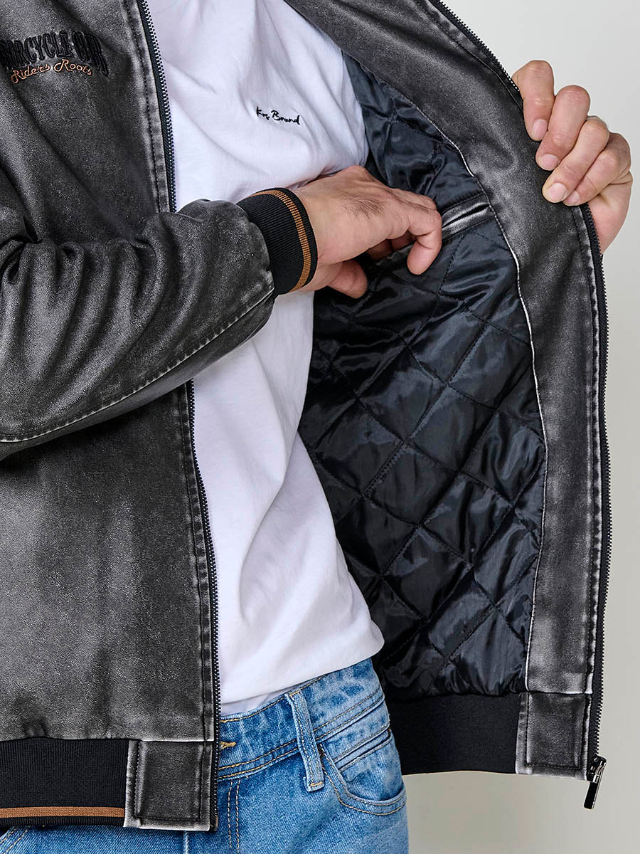 Chaqueta Efecto Piel Hombre Cuello Alto con Parches – Koroshi Gris
