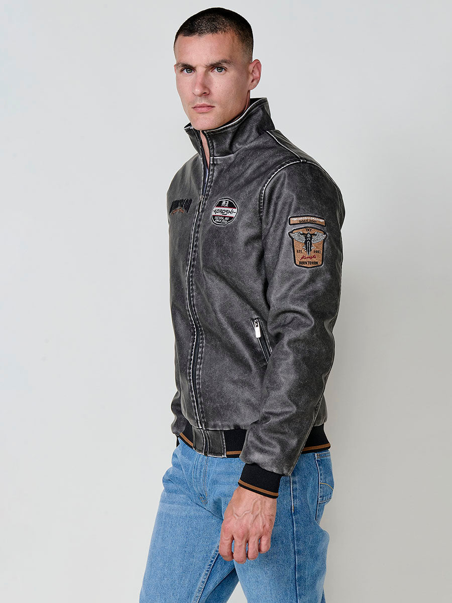 Chaqueta Efecto Piel Hombre Cuello Alto con Parches – Koroshi Gris
