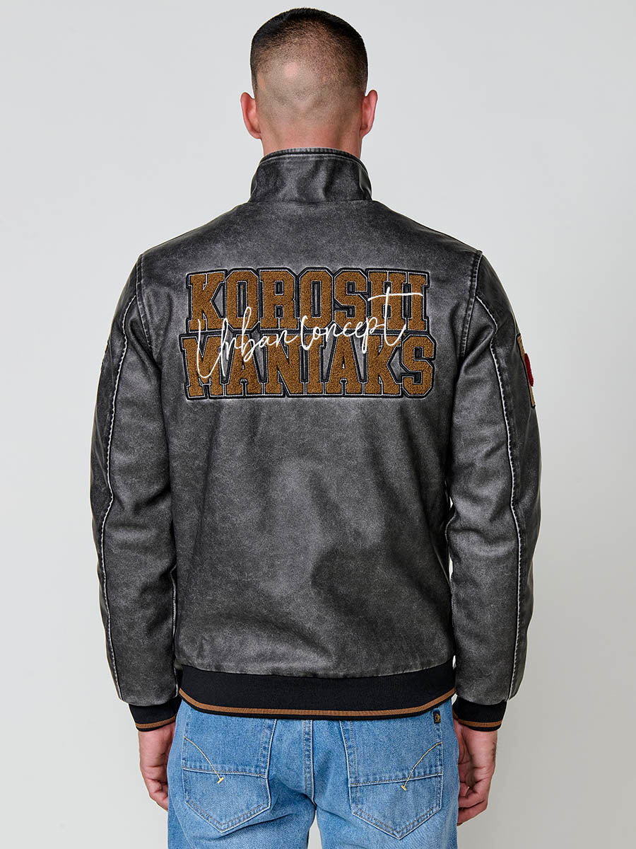 Chaqueta Efecto Piel Hombre Cuello Alto con Parches – Koroshi Gris