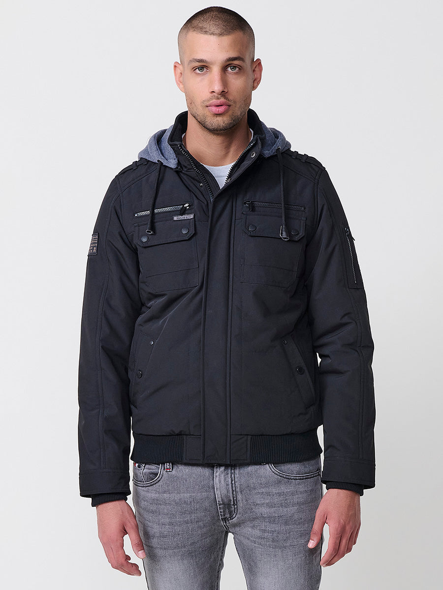 Chaqueta cazadora acolchada hombre con capucha, bolsillos y cierre cremallera.
