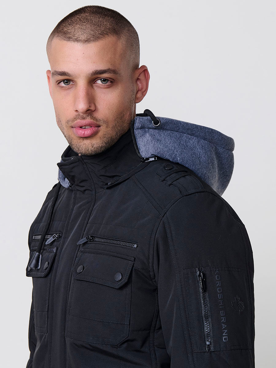 Chaqueta cazadora acolchada hombre con capucha, bolsillos y cierre cremallera.