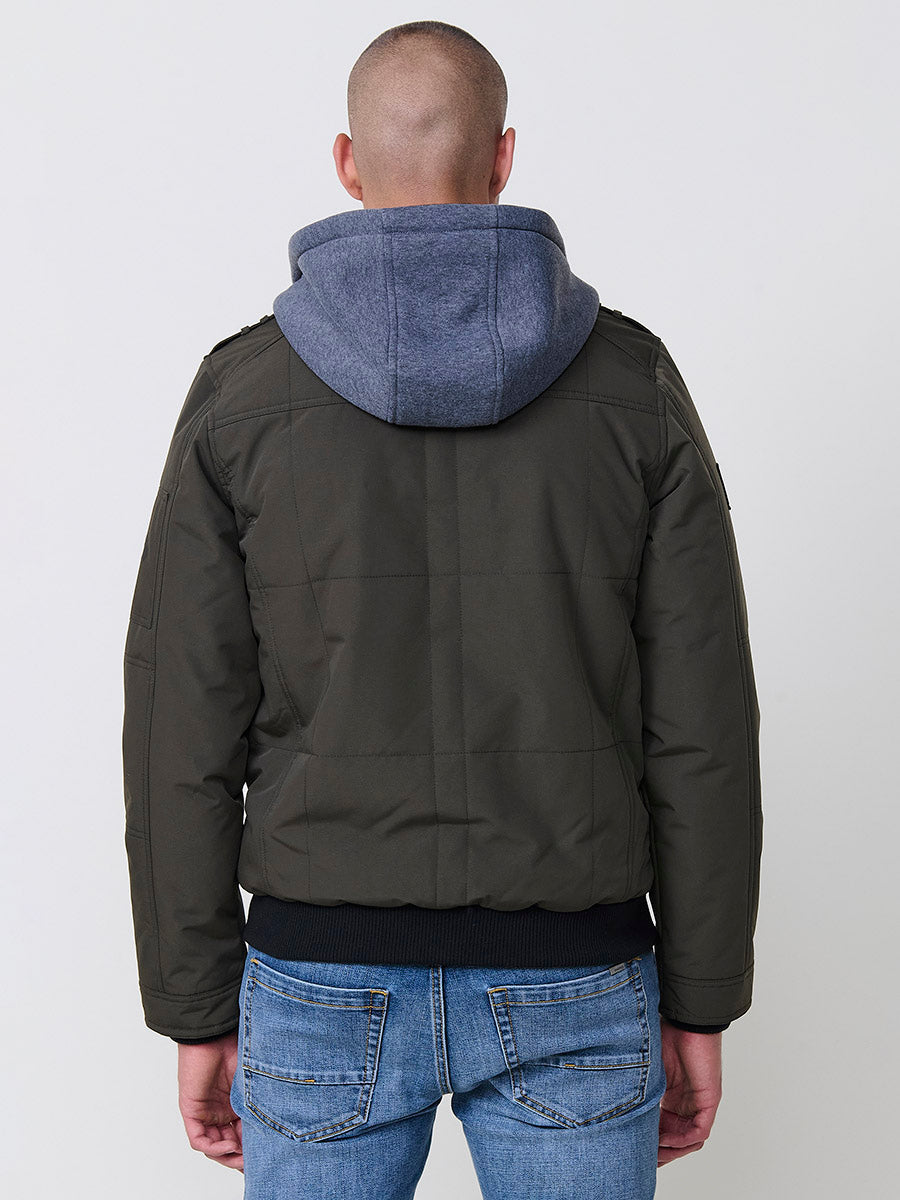 Chaqueta cazadora acolchada hombre con capucha, bolsillos y cierre cremallera.