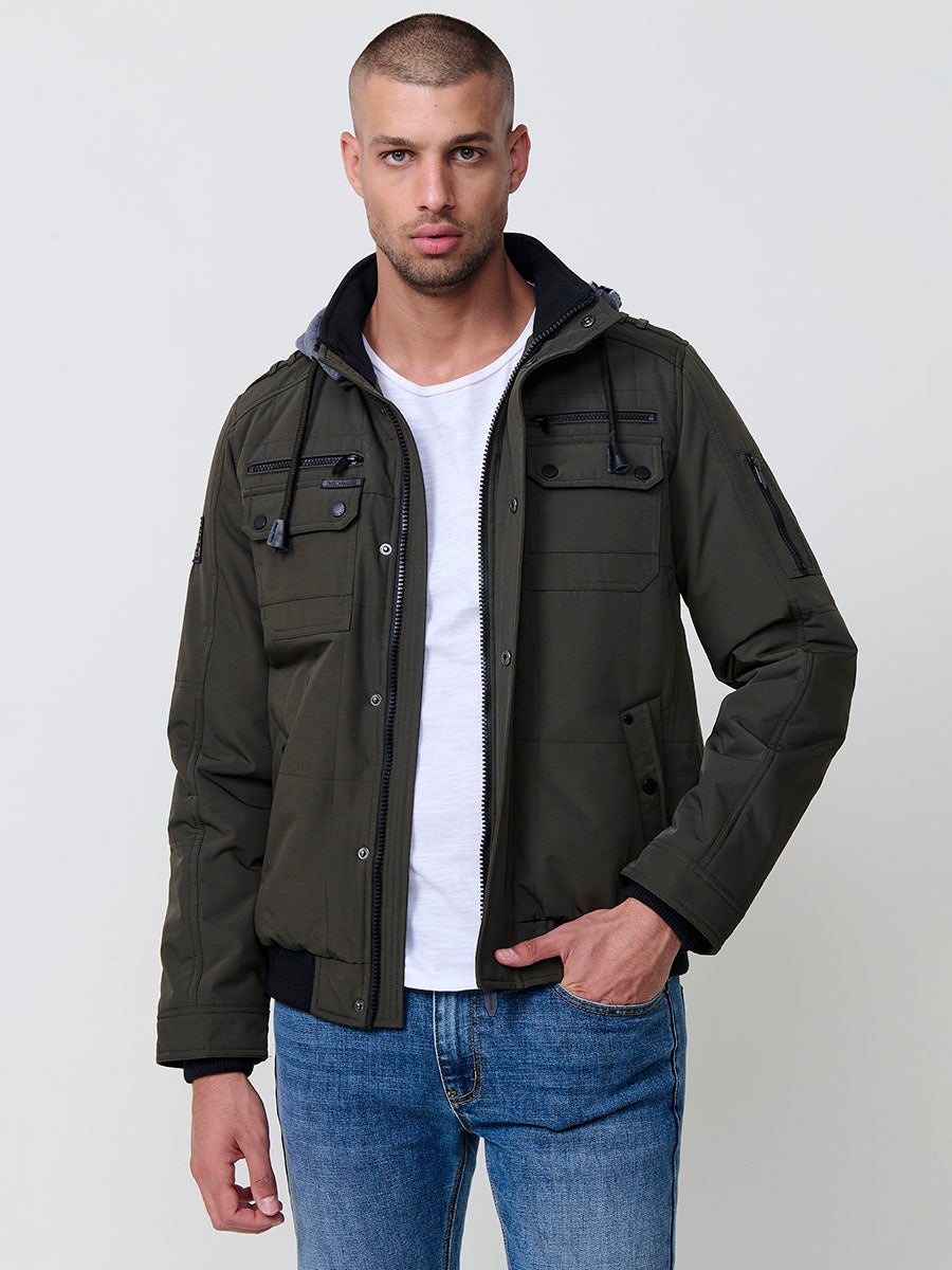 Chaqueta cazadora acolchada hombre con capucha, bolsillos y cierre cremallera.