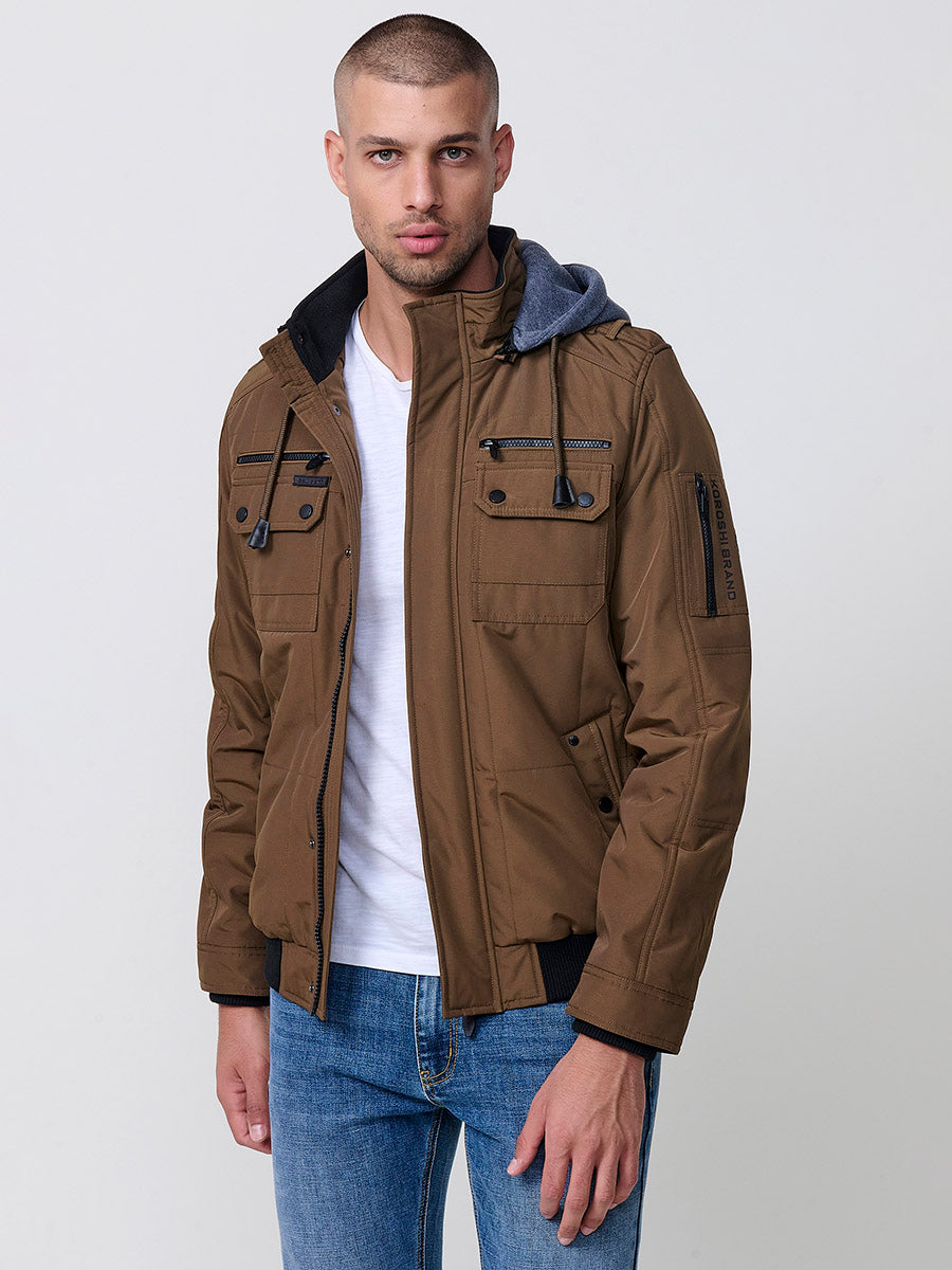 Chaqueta cazadora acolchada hombre con capucha, bolsillos y cierre cremallera.