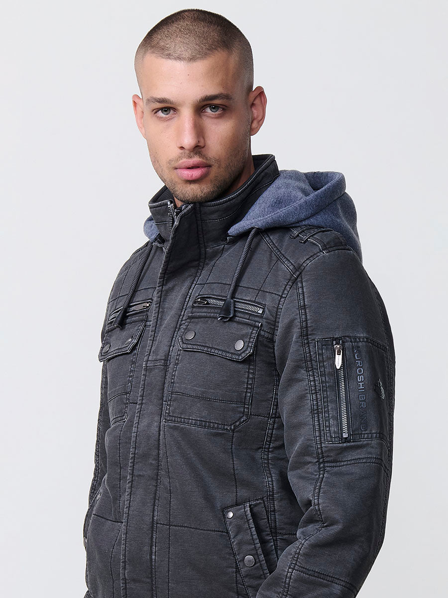 Cazadora Hombre con Capucha en Contraste y Bolsillos – Koroshi Negro