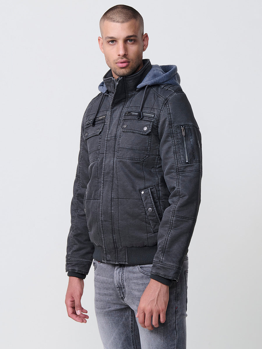 Cazadora Hombre con Capucha en Contraste y Bolsillos – Koroshi Negro