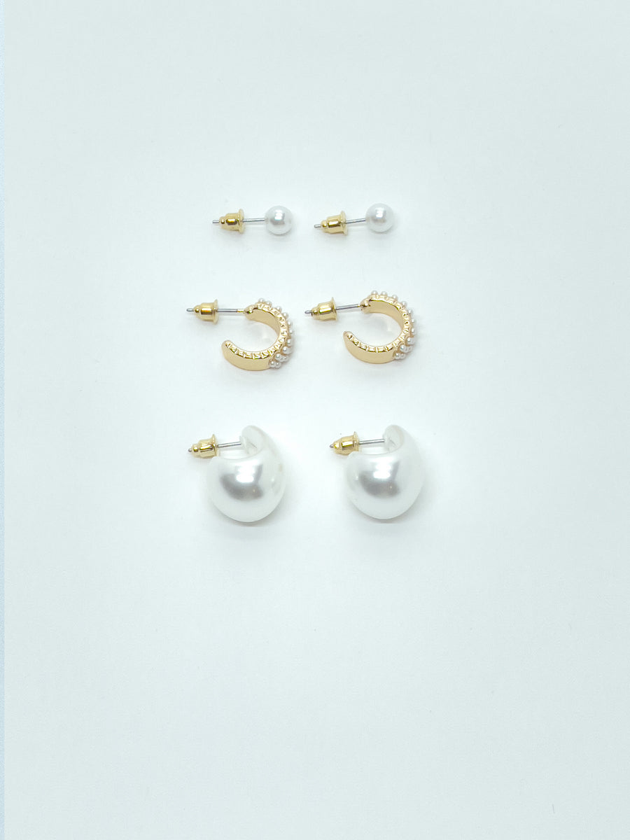 Set de 3 Pares de Pendientes Mujer con Perlas – Koroshi Dorado